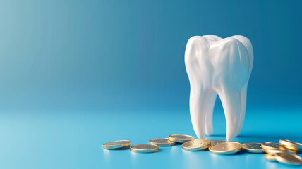 Pristine tooth and coins suggest dental costs conceptually. - obrazy, fototapety, plakaty