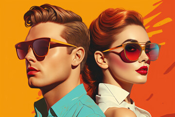 Young woman and man wearing sunglasses. Vibrant couple portrait in pop art retro style