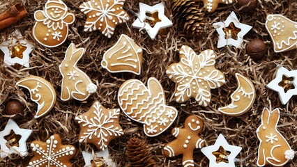 Gingerbread Cookies. Traditional American dessert. Top View. New Year banner