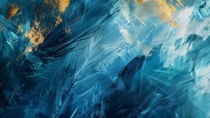 Abstract azure and gold brush strokes on a canvas.