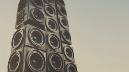 Towering stack of speakers reaching towards a clear sky.