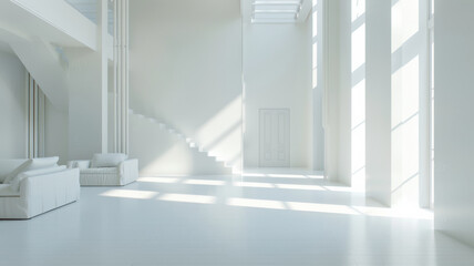 Minimalist white interior with striking staircase and shadows.