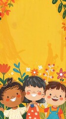 Vertical AI illustration joyful children with floral backdrop. Concept people.