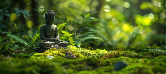A serene and peaceful background featuring an isolated golden Buddha statue in the center of lush greenery