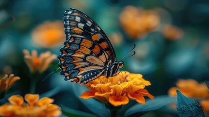 The delicate flutter of a butterfly's wings as it alights on a flower, sipping nectar with delicate grace and elegance, a symbol of transformation and renewal. - obrazy, fototapety, plakaty