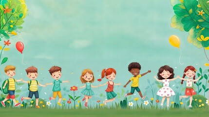 Horizontal AI illustration animated children dancing in a meadow. Concept people.