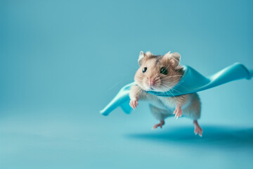 Adorable superhero Syrian hamster with a cloak isolated on blue background. Cute pets. High quality photo