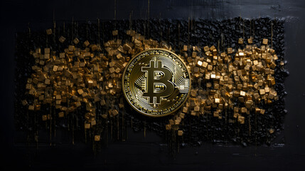 the image shows a gold bitcoin sign attached to an old black wall