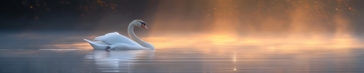 Obraz premium The solemn grace of a swan gliding over a misty pond at dawn, tranquil elegance, peaceful glide, digital photography