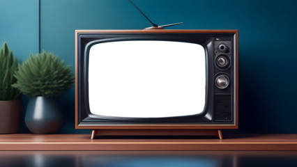 Old retro TV, screen mock up, vintage 70s television on desk