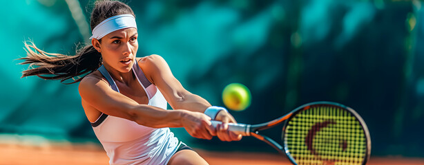 Female tennis player with white luggage hitting the ball with the racket. Space for text.