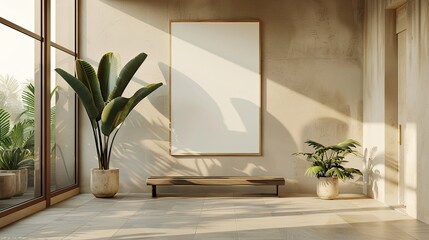 Blank frame mockup on wall in modern interior. empty canvas mockup. Blank photo frame mock up. picture frame mock up with dried flower decoration.