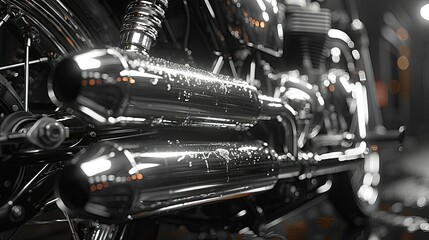 The intricate details of a vintage motorcycle's chrome exhaust pipes, capturing the essence of...