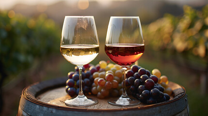 white and red wine in glasses placed on a wooden barrel with grapes