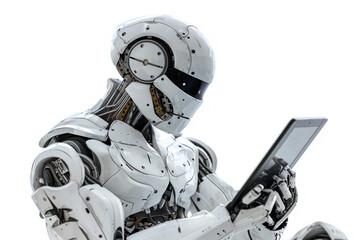 a robotic man watching a computer tab in a pensive mode