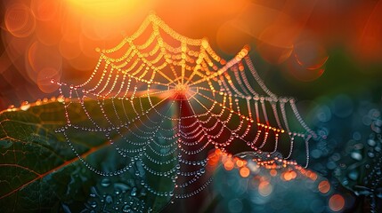 The intricate lattice of a spider's web, glistening with dewdrops in the soft light of dawn.