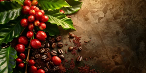Tuinposter Positioned amidst roasted beans, a live coffee plant is complemented by a border art design illustrating red beans on a coffee tree branch with ripe fruit © AleksFil