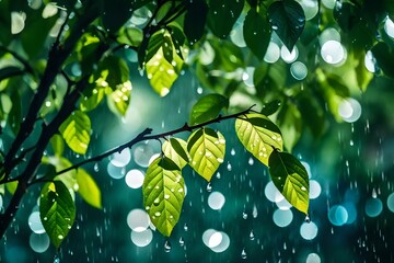 rain drop on tree branch with bokeh light background