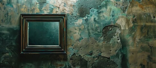 An art frame hangs in a room with a dirty wall. The visual arts event took place in this building, showcasing various pieces of art
