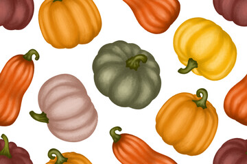 Various colors pumpkins seamless pattern, fall seasonal bright colorful background