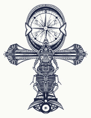 Ankh and compass tattoo. Ancient egyptian cross t-shirt design. Esoteric symbol of eternal life, key to immortality, soul, secret knowledge and magic travel. Decorative ethnic style of Ancient Egypt