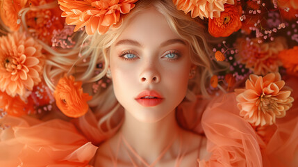 Blonde Woman with Blue Eyes and Floral Orange Headpiece
