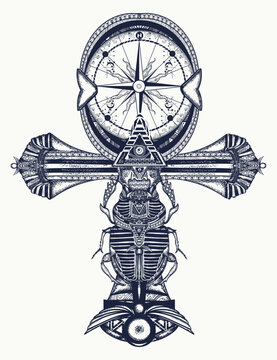 Ankh and compass tattoo. Ancient egyptian cross t-shirt design. Esoteric symbol of eternal life, key to immortality, soul, secret knowledge and magic travel. Decorative ethnic style of Ancient Egypt