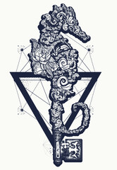 Sea horse, roses flowers and vintage key. Sacred geometry style. Tattoo and t-shirt design. Black and white esoteric symbol of adventure, travel, journey, freedom