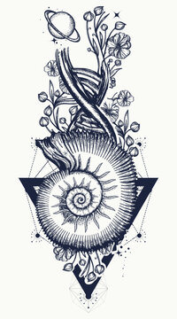 DNA chain, art nouveau flowers and nautilus shell tattoo. Symbol of art, science, knowledge, medicine, prehistoric world, evolution