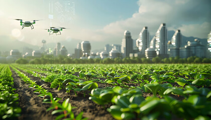 Agriculture drone fly to spray fertilizer. Smart farmer use drone for various fields like research analysis, terrain scanning technology, smart technology concept.
