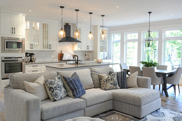 Open plan living room and kitchen interior with white cupboards and grey sofa with pillows