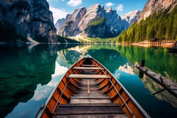 Canoe on a Mountain Lake - obrazy, fototapety, plakaty