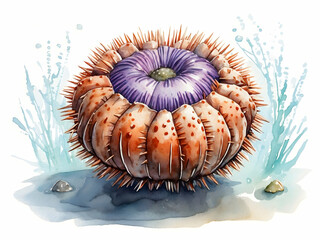 watercolor illustration of sea urchin, underwater world