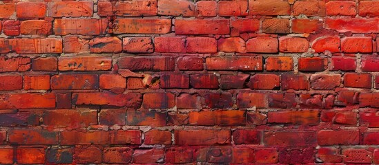 A detailed closeup shot capturing the intricate brickwork pattern of a red brick wall. The rectangular bricks create a unique art piece with a magenta hue