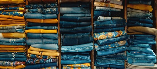 A shelf filled with stacks of blue and yellow jeans, resembling the colorful rubber tires displayed in an automotive tire showroom