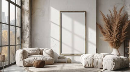 Blank frame mockup on wall in modern interior. empty canvas mockup. Blank photo frame mock up. picture frame mock up with dried flower decoration.