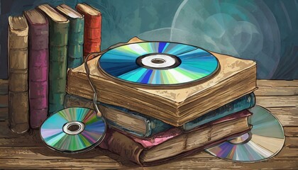 Fototapeta premium stack of books and cd