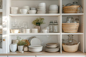 Opened white glass cabinet with clean dishes and decor. Scandinavian style kitchen interior....