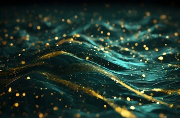 abstrack background with dark green and gold particle. golden light shine particles bokeh on dark green background. gold foil texture