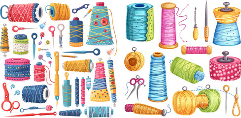 Embroidery craft sew pattern, fashion seam brush and colorful stitches stitched fabric vector illustration set - obrazy, fototapety, plakaty