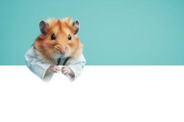 Veterinary concept. Hamster health care. Cute syrian hamster doctor isolated on blue background. High quality photo - obrazy, fototapety, plakaty