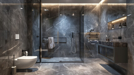 A contemporary bathroom with gray marble walls, a glass-enclosed steam shower, and a sleek wall-mounted toilet
