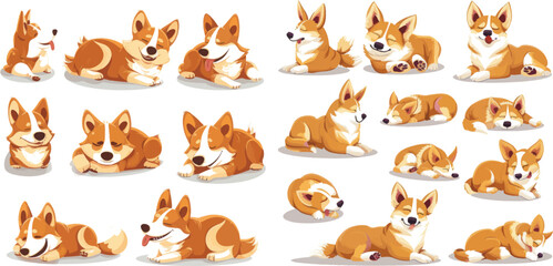 Corgi puppy doggy sitting or domestic pets emotion isolated vector icons set