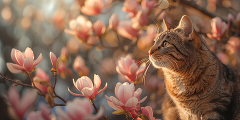 A cat perched on a flowering tree full of pink blooms magnolia banner copy space