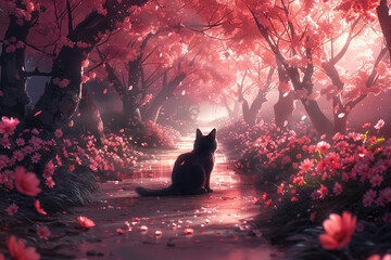 A cat sits calmly in the center of a dense forest surrounded by blooming trees and greenery