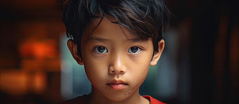 Curious child wearing a vibrant red top with his gaze fixed on the camera