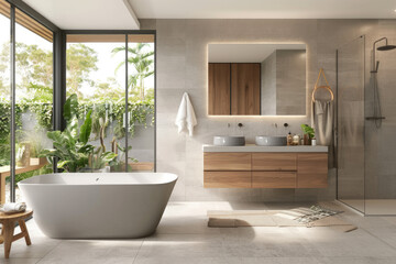 A photo of an elegant bathroom in the style of Scandinavian, featuring light grey tiles on the walls and floor with wood accents for furniture