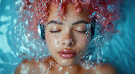 Serene underwater portrait of a woman with pink curls and headphones 