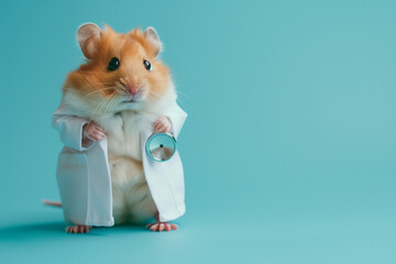 Veterinary concept. Hamster health care. Cute syrian hamster doctor isolated on blue background. High quality photo - obrazy, fototapety, plakaty
