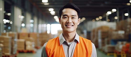 A man wearing an orange vest is standing inside a warehouse, surrounded by shelves and boxes